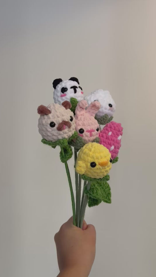 Handmade Crochet Flower Characters - Panda, Chick, Bao, Strawberry, Dog, Bunny Flowers